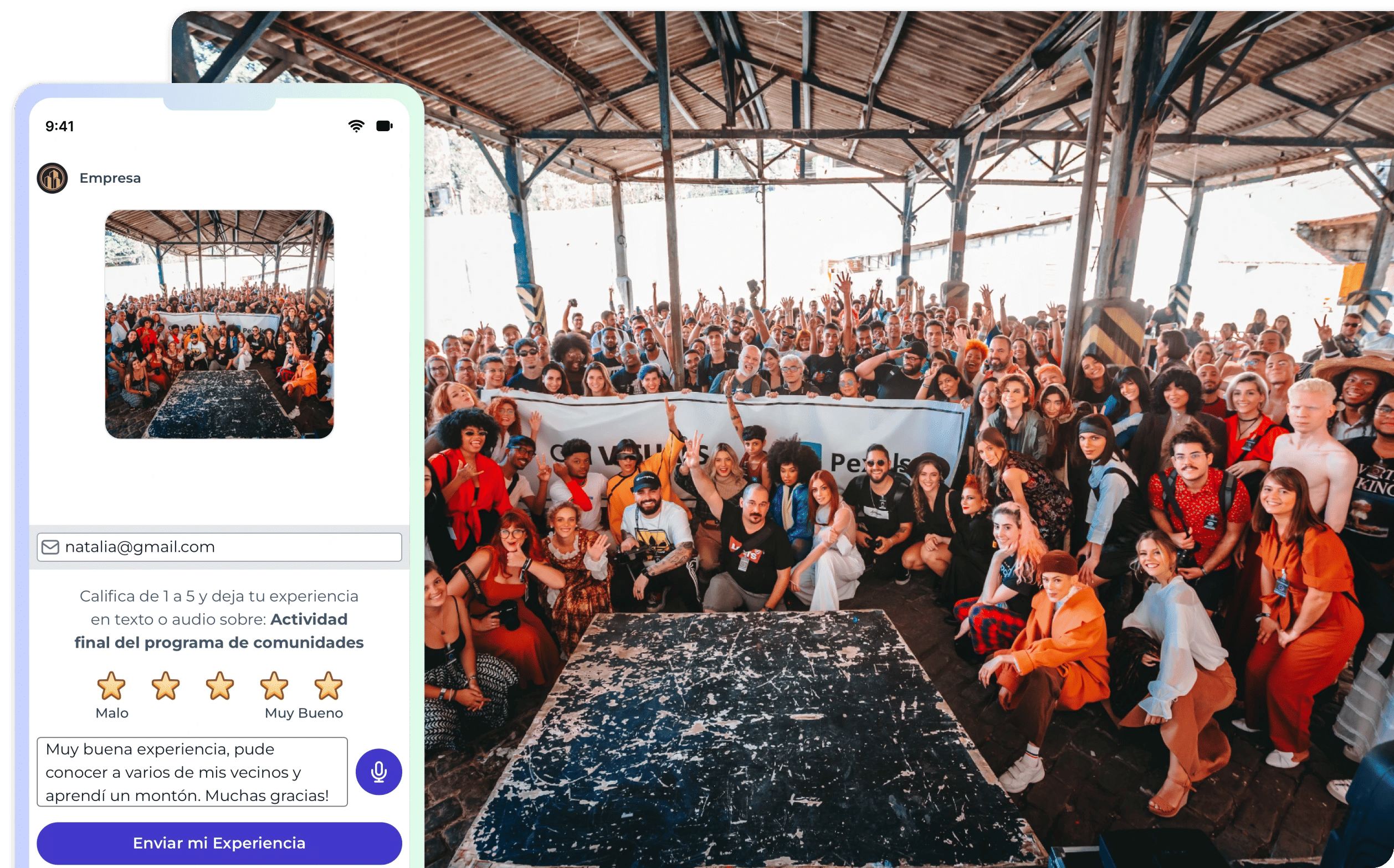 Interfaz móvil de woku donde una estudiante evalúa con estrellas y comentario una charla de economía, junto a la imagen del expositor frente a un auditorio lleno.