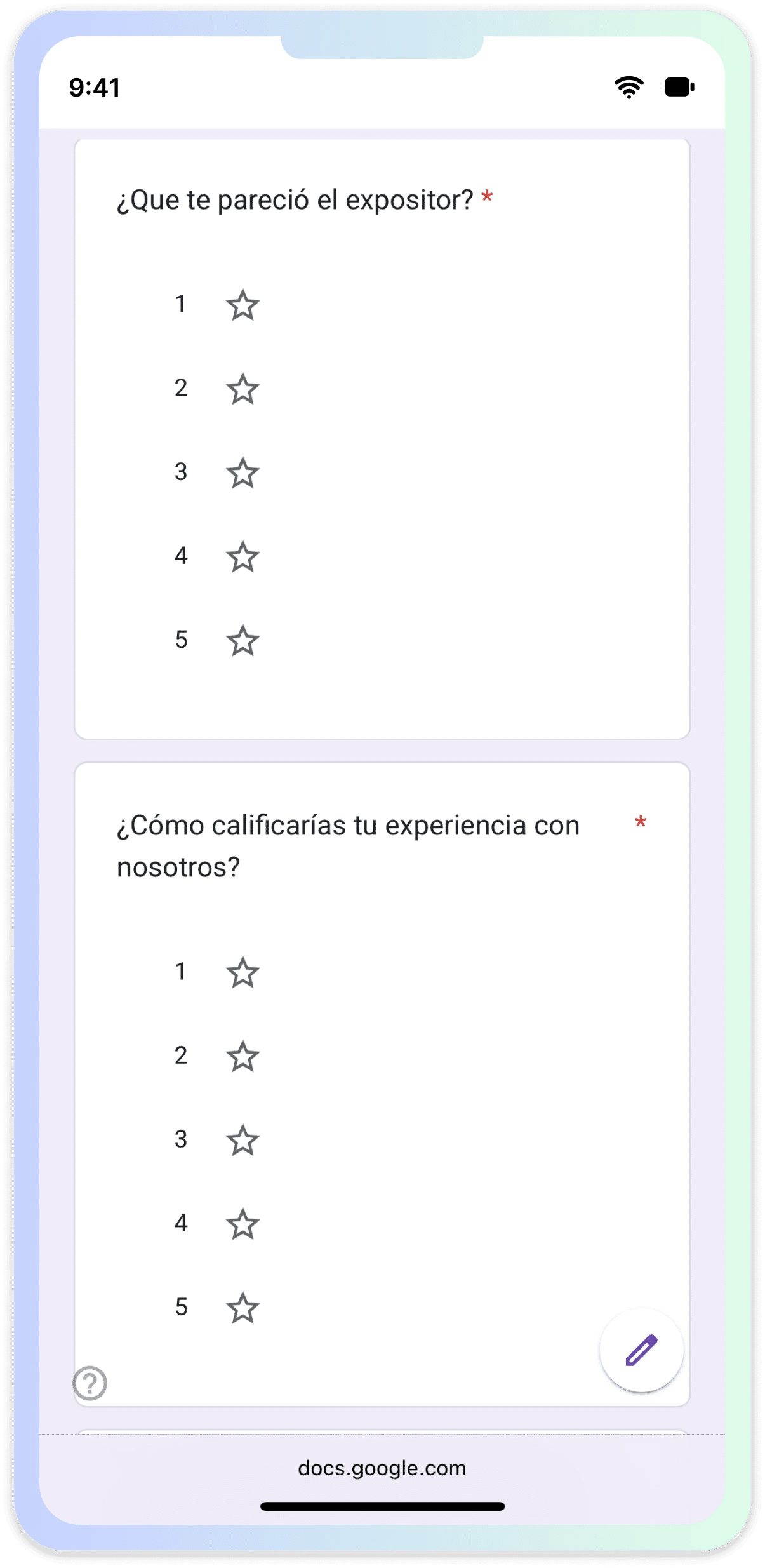 Mobile screenshot of a Google Forms survey with multiple rating questions