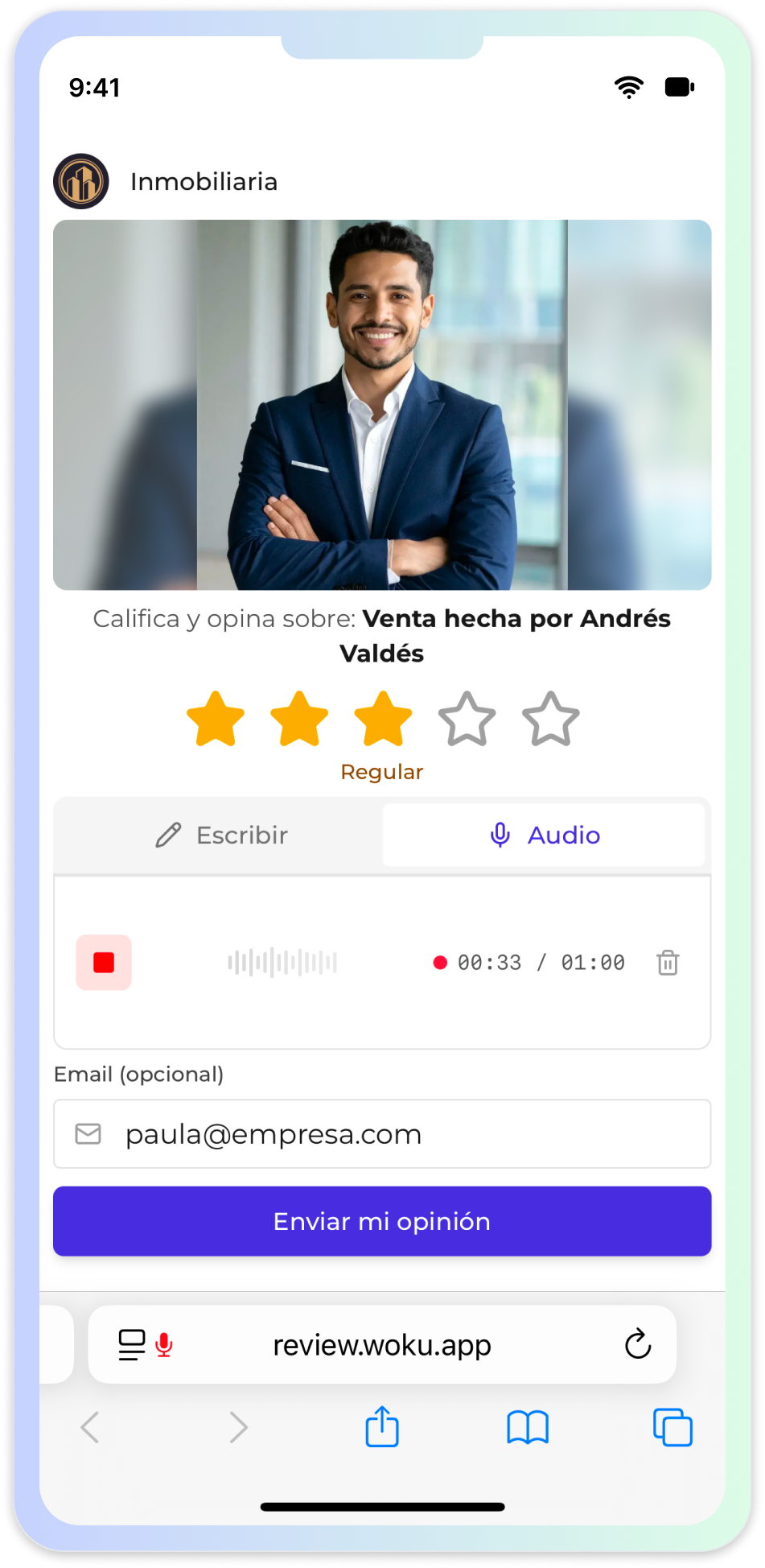 Interfaz móvil de woku para evaluación de propiedades.